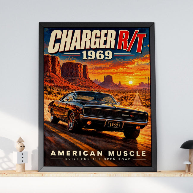 1969 Dodge Charger R/T Poster, American Muscle Car Art, Desert Sunset (Print)