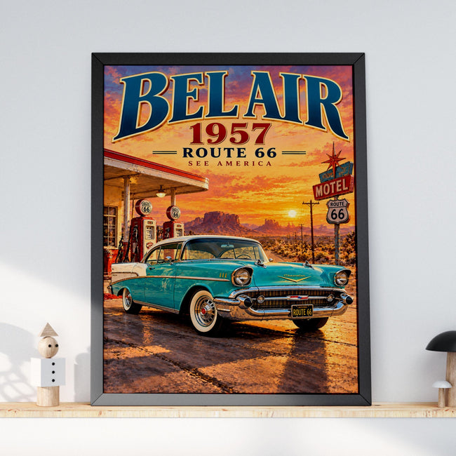 1957 Chevy Bel Air Route 66 Poster, Retro Gas Station, Desert Sunset (Physical Print)