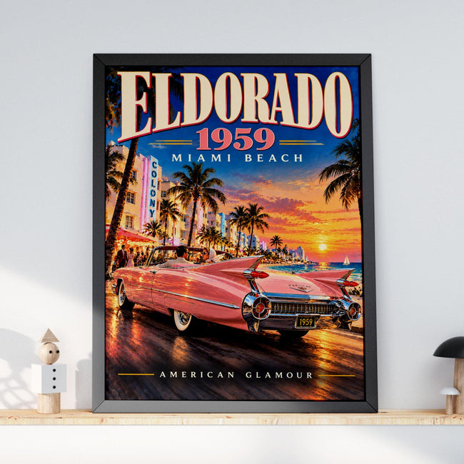 1959 Pink Cadillac Eldorado Miami Beach Poster, Retro American Glamour Art (Print)