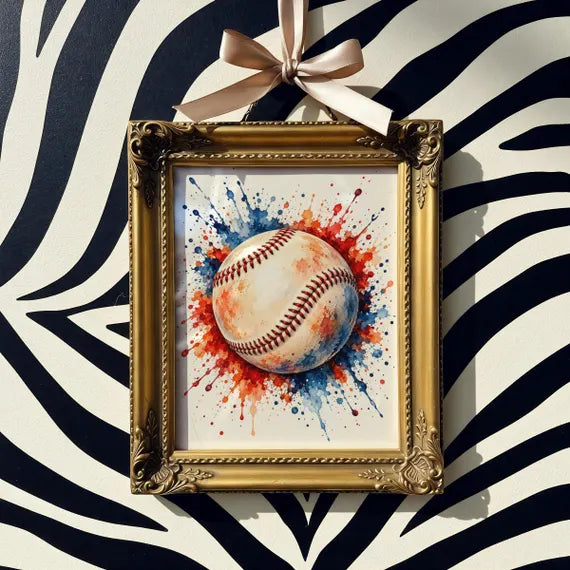Baseball Watercolour Splash Print, Sports Wall Art Poster, Red Blue Boys Bedroom, Fan Gift Idea
