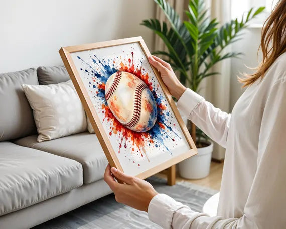Baseball Watercolour Splash Print, Sports Wall Art Poster, Red Blue Boys Bedroom, Fan Gift Idea