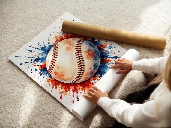 Baseball Watercolour Splash Print, Sports Wall Art Poster, Red Blue Boys Bedroom, Fan Gift Idea
