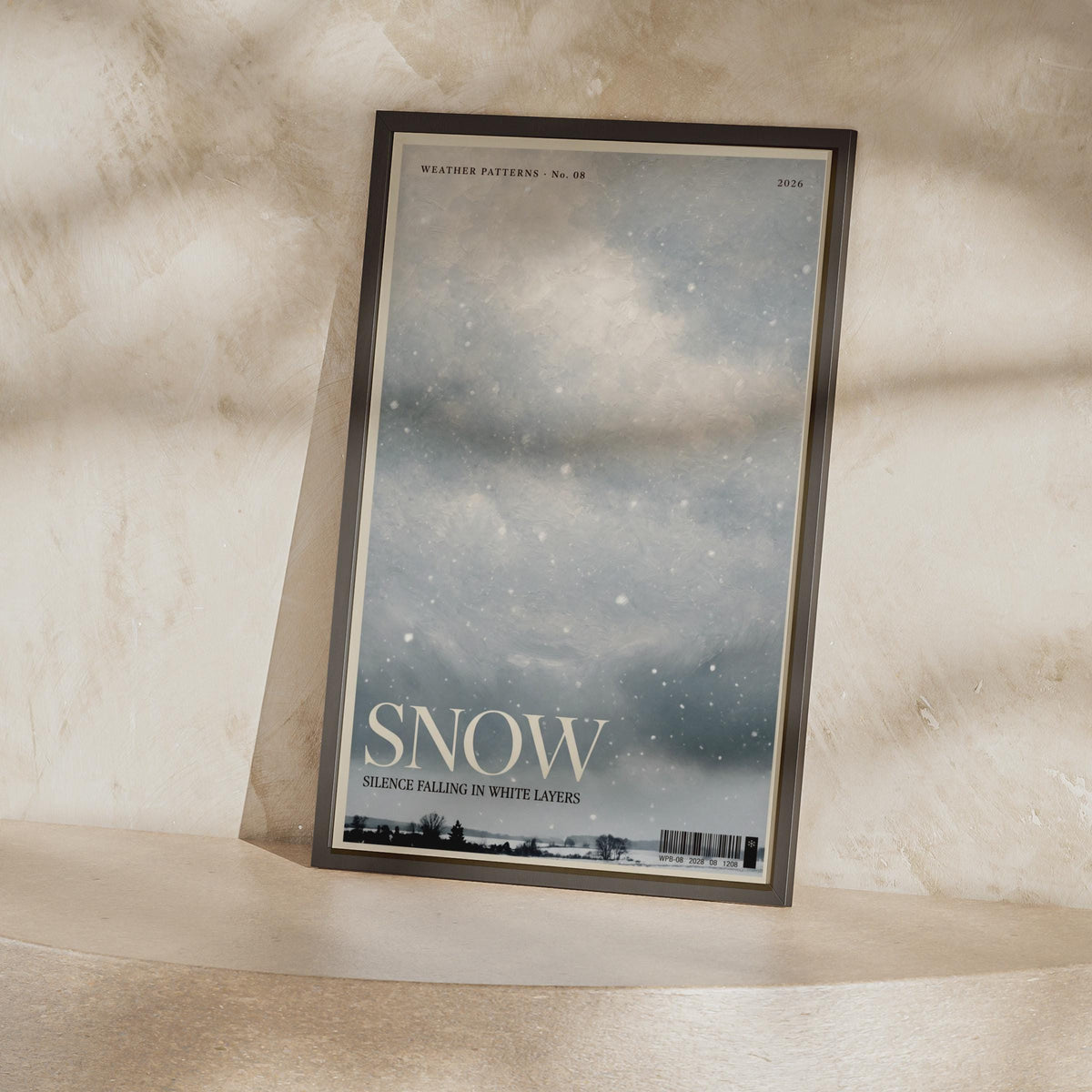 Snow Winter Wall Art Print, Grey Sky Poster, Magazine Style, Moody Weather Decor