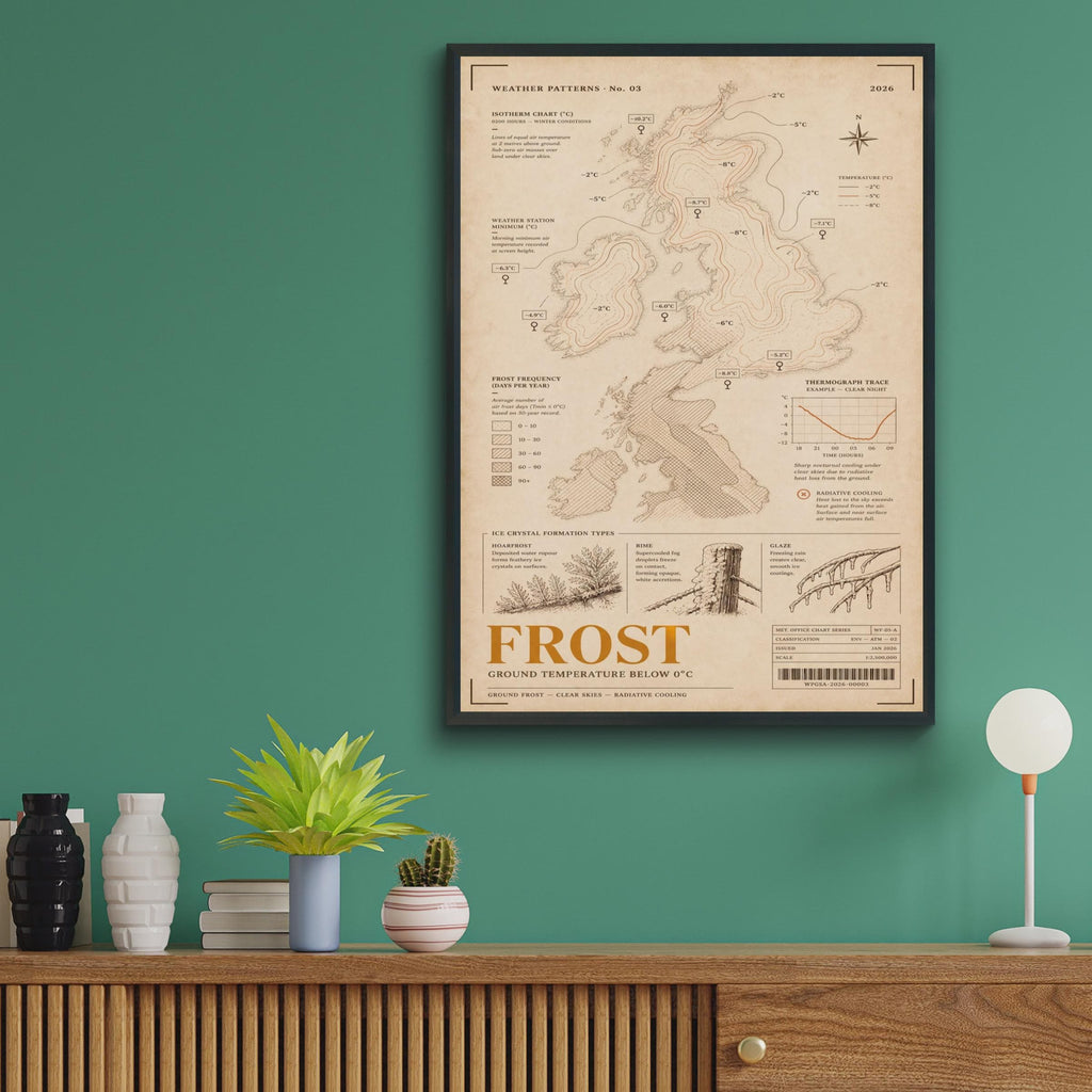 Frost Weather Map Poster, UK Isotherm Chart Print, Vintage Meteorology Wall Art