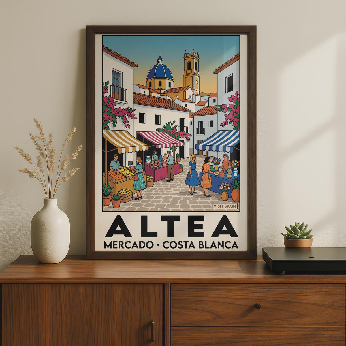 Altea Market Poster, Costa Blanca Spain Travel Print, Vintage Spanish Village Wall Art
