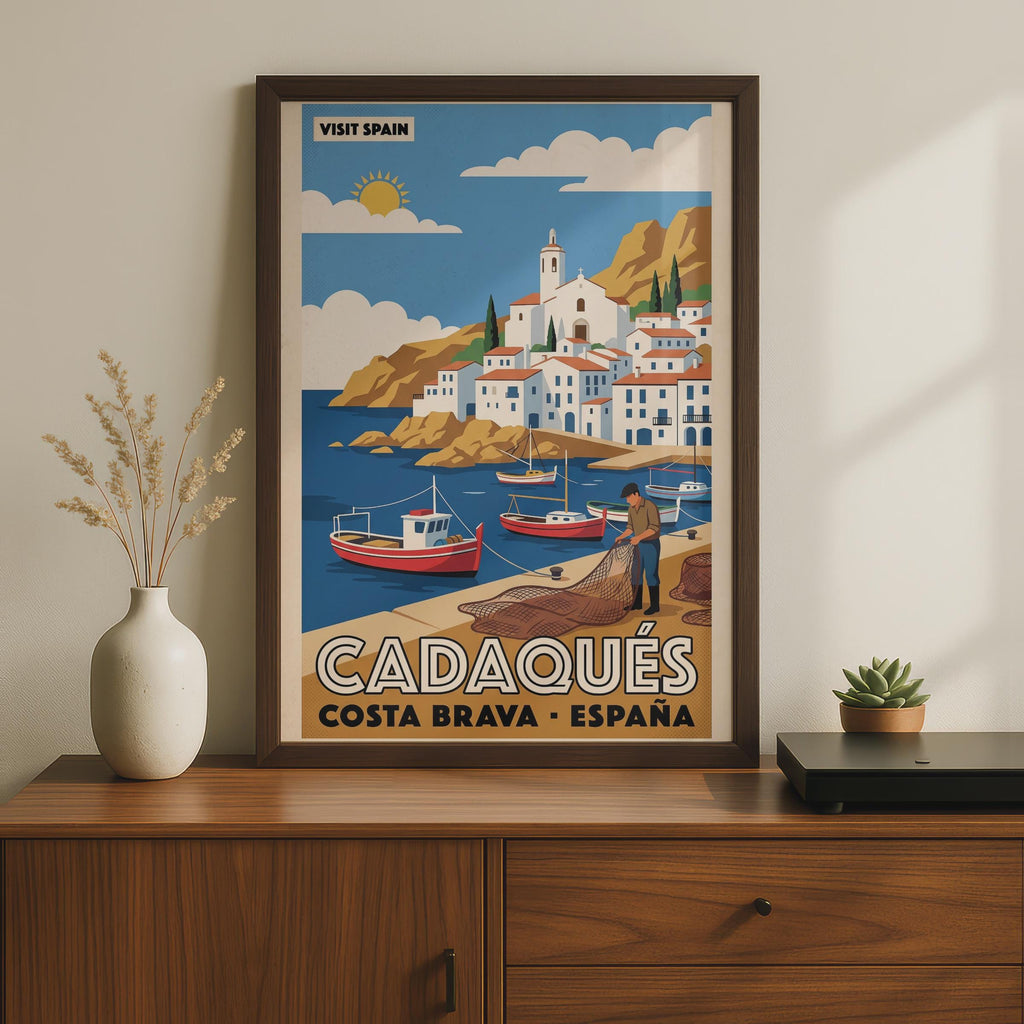Cadaques Costa Brava Spain Vintage Travel Poster, Spanish Harbour Wall Art Print