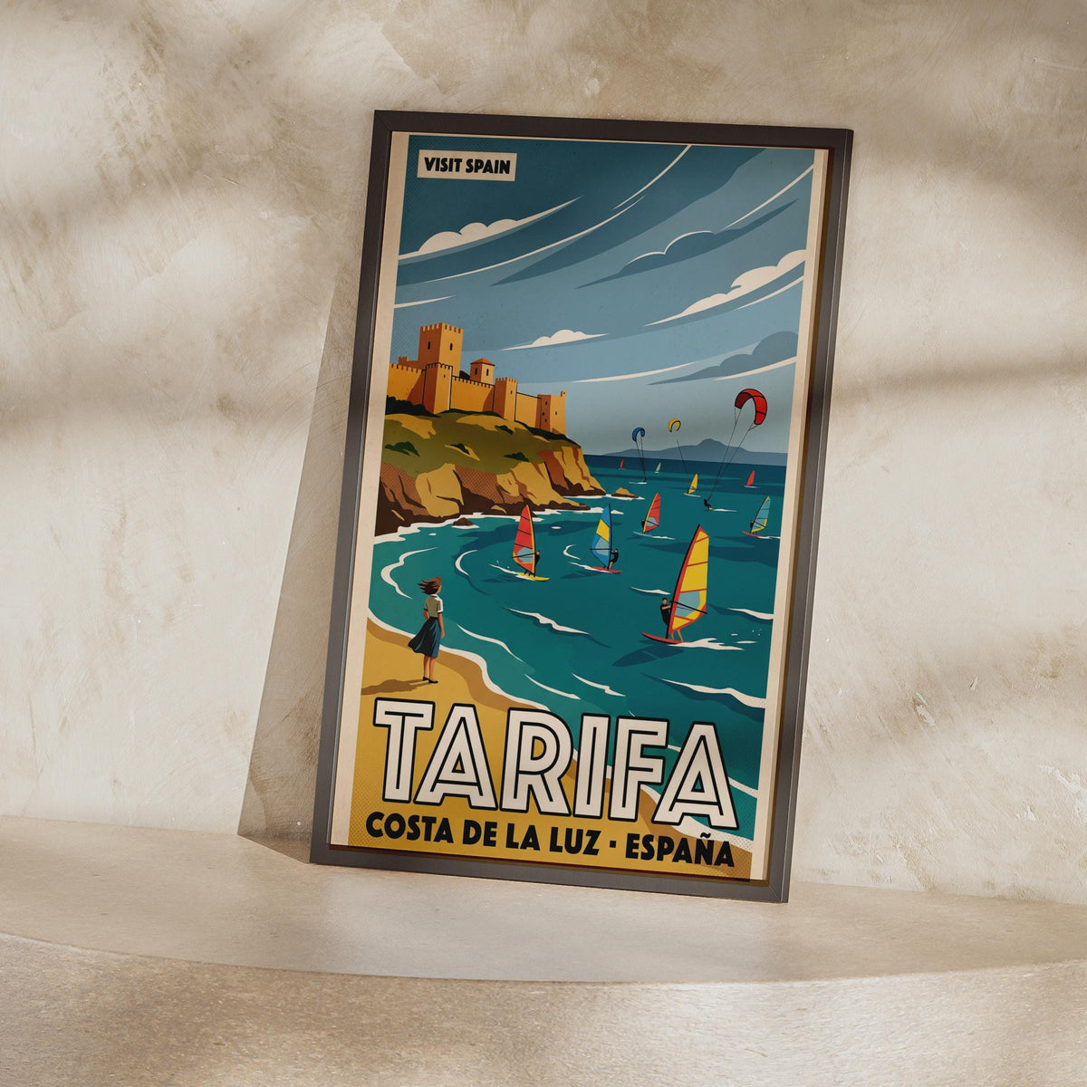 Tarifa Spain Travel Poster, Costa de la Luz Vintage Wall Art, Kitesurfing Print