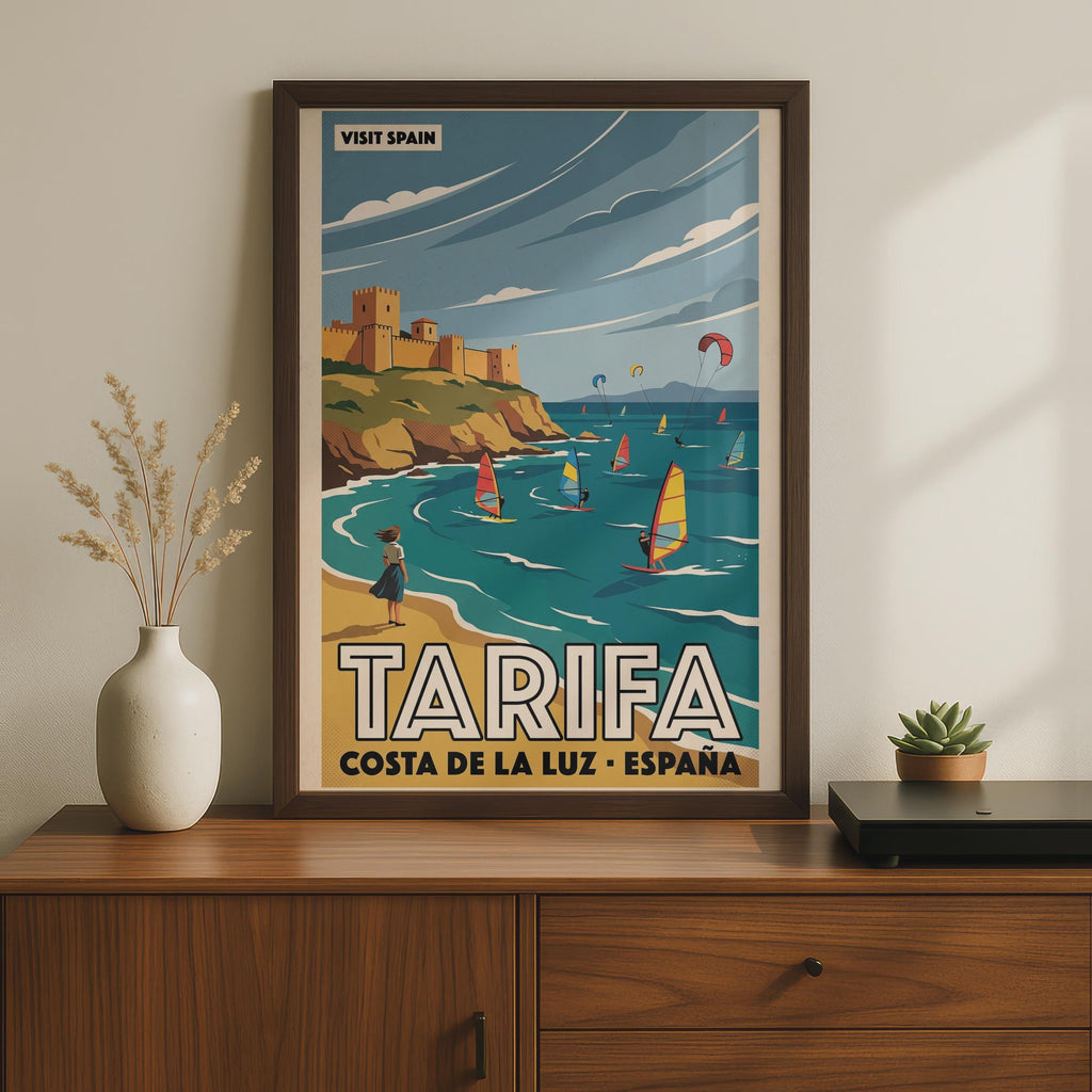 Tarifa Spain Travel Poster, Costa de la Luz Vintage Wall Art, Kitesurfing Print