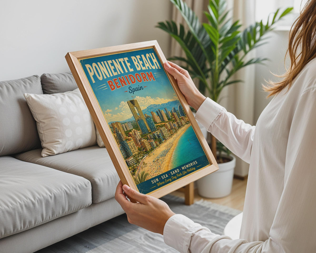 Poniente Beach Benidorm Spain Vintage Travel Poster, Retro Spanish Coast Wall Art