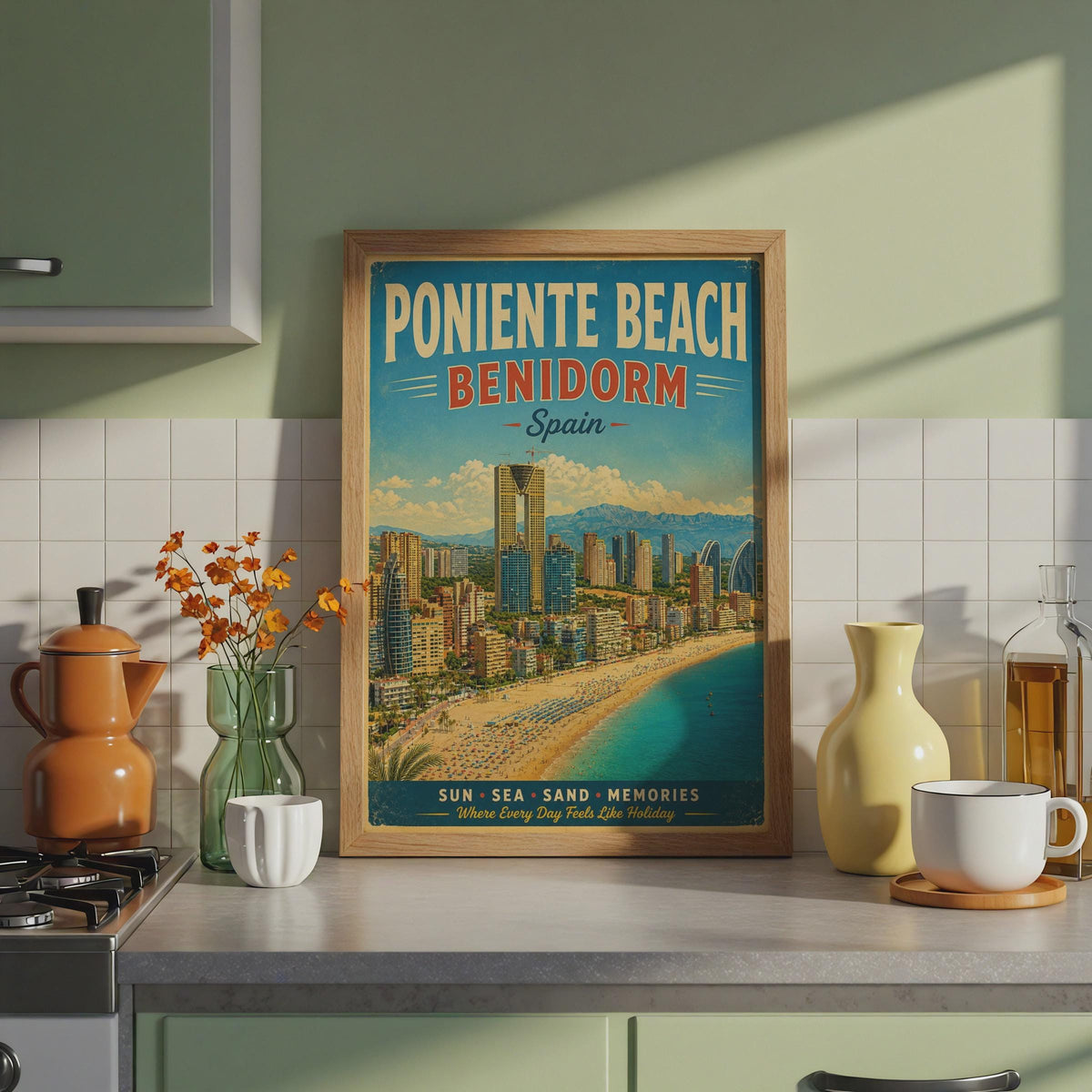 Poniente Beach Benidorm Spain Vintage Travel Poster, Retro Spanish Coast Wall Art