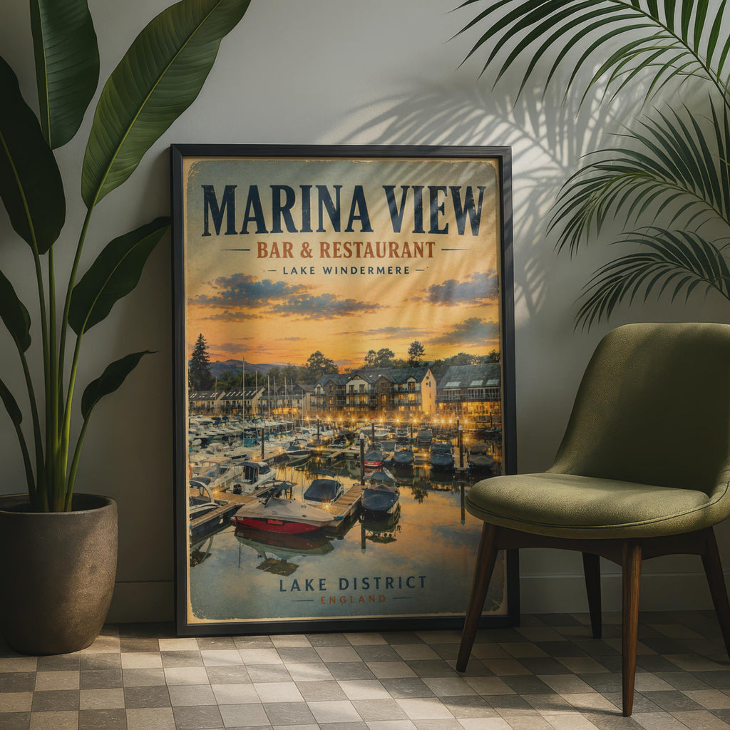 Lake Windermere Marina Poster, Lake District England Vintage Travel Wall Art Print