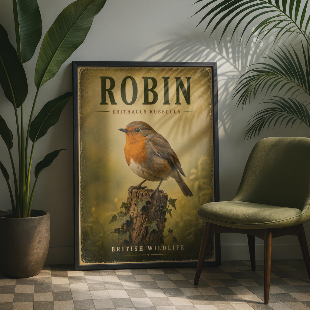 Robin Redbreast Vintage Wildlife Poster, British Bird Wall Art, Nature Print