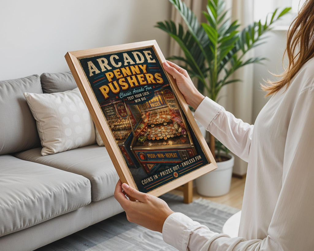 Arcade Penny Pusher Retro Poster, Vintage Coin Machine Wall Art, Games Room Print