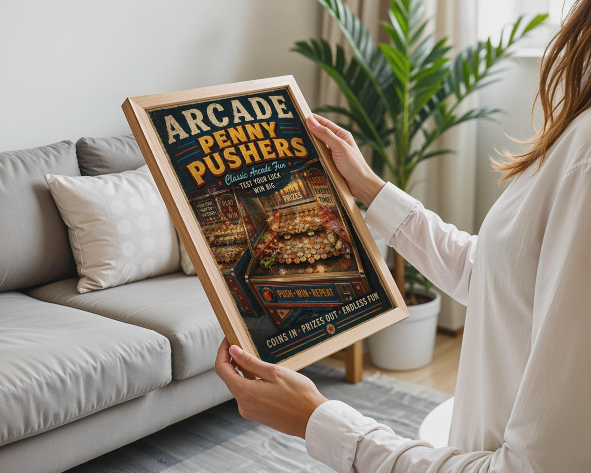 Arcade Penny Pusher Retro Poster, Vintage Coin Machine Wall Art, Games Room Print