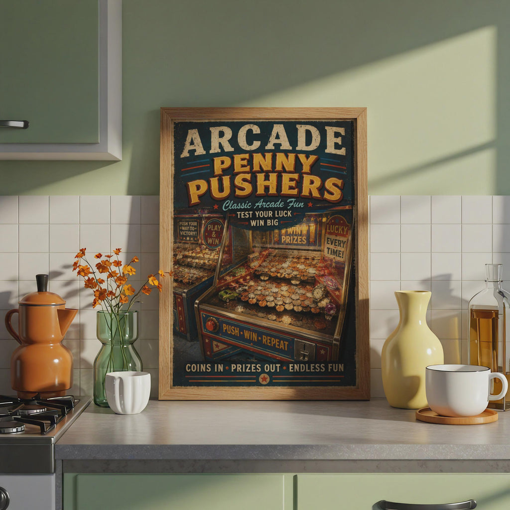 Arcade Penny Pusher Retro Poster, Vintage Coin Machine Wall Art, Games Room Print