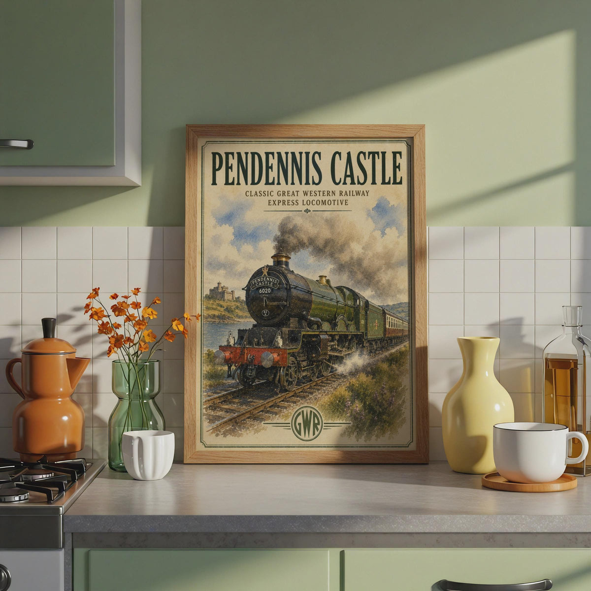 Pendennis Castle GWR Steam Train Poster, Vintage Watercolour Art Print
