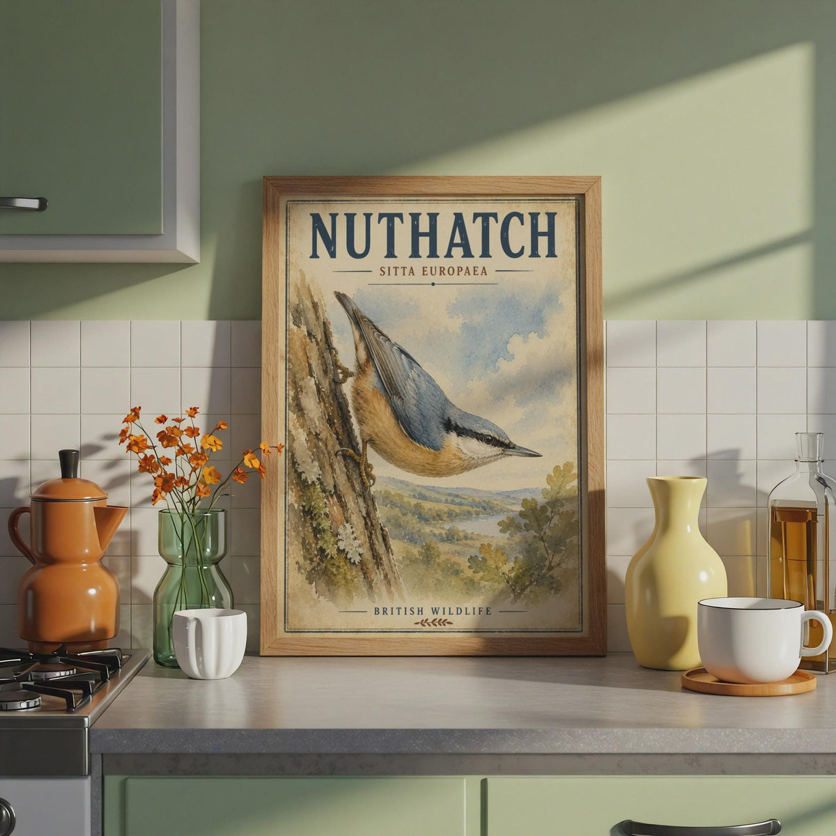 Nuthatch Bird Poster, British Wildlife Wall Art, Vintage Watercolour Nature Print