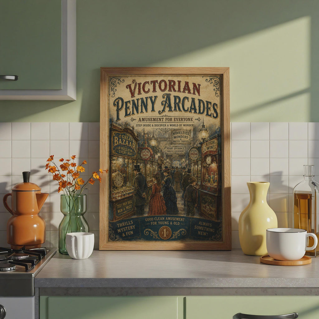 Victorian Penny Arcade Poster, Vintage Fairground Wall Art, Retro Amusement Print