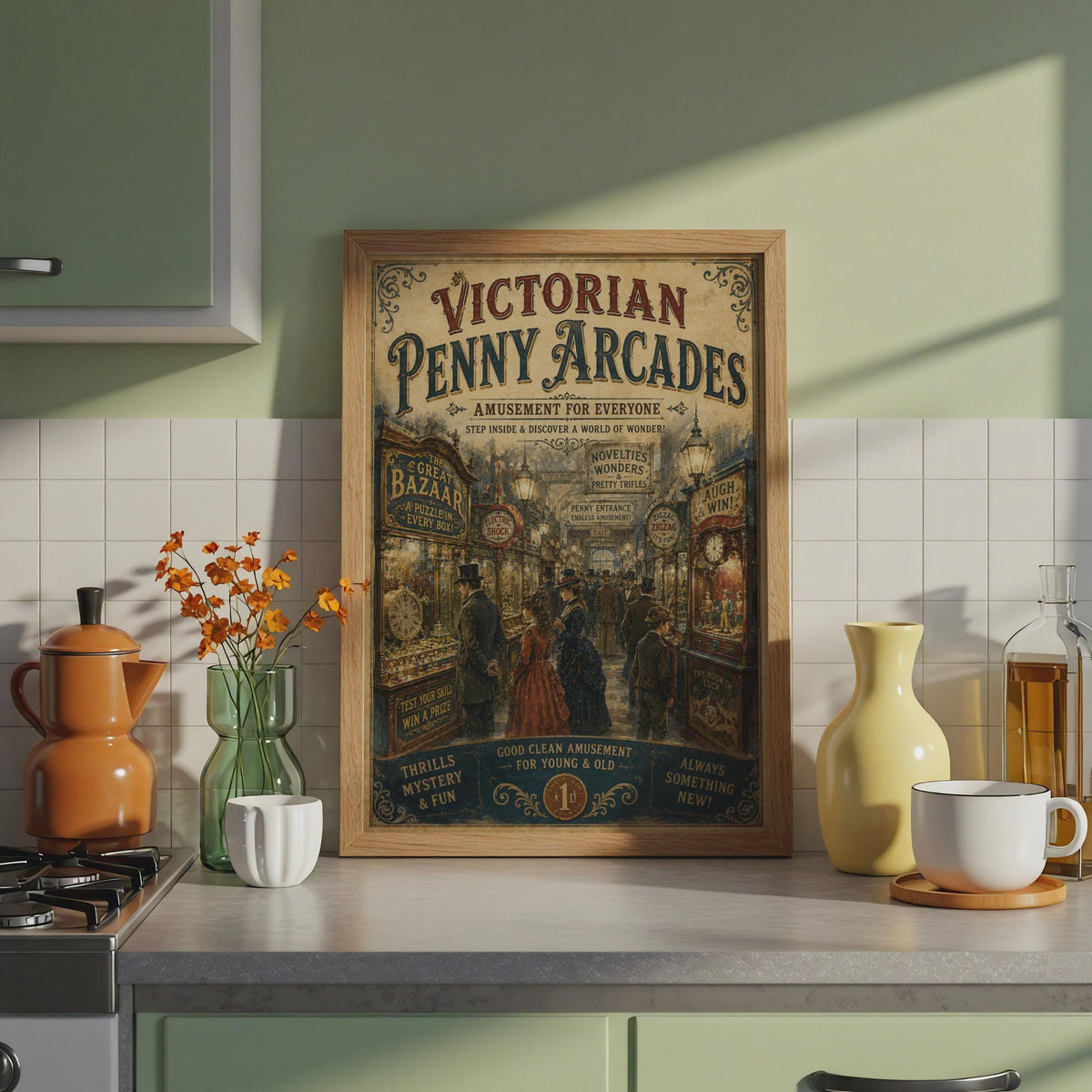 Victorian Penny Arcade Poster, Vintage Fairground Wall Art, Retro Amusement Print
