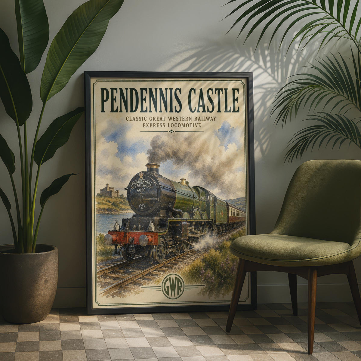 Pendennis Castle GWR Steam Train Poster, Vintage Watercolour Art Print