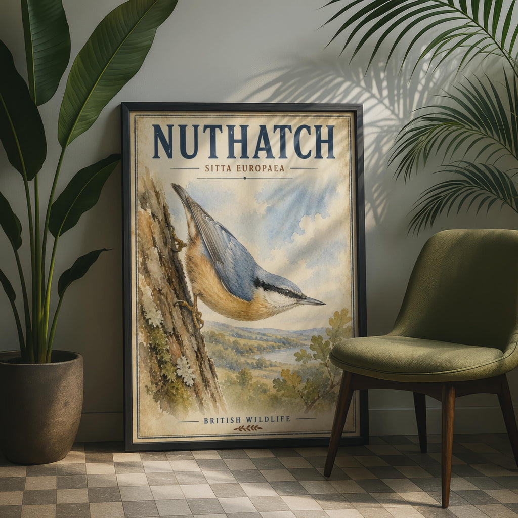 Nuthatch Bird Poster, British Wildlife Wall Art, Vintage Watercolour Nature Print