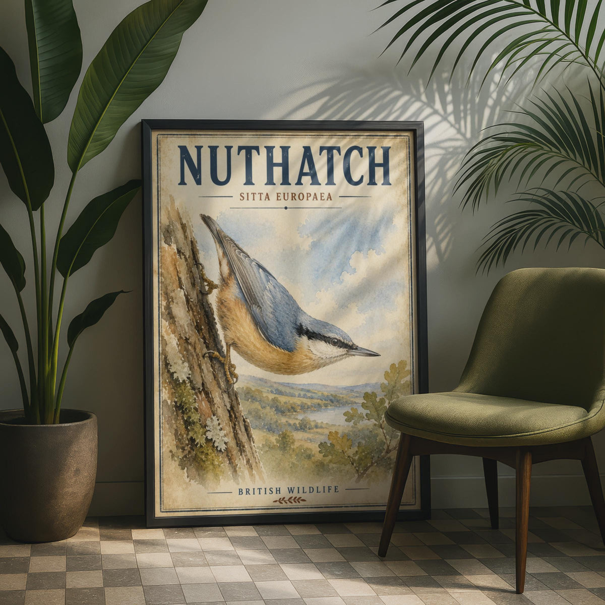 Nuthatch Bird Poster, British Wildlife Wall Art, Vintage Watercolour Nature Print