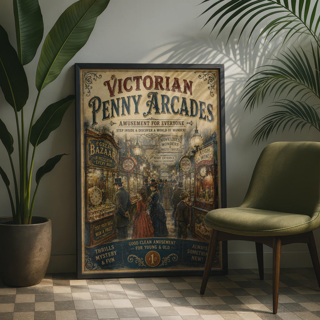 Victorian Penny Arcade Poster, Vintage Fairground Wall Art, Retro Amusement Print