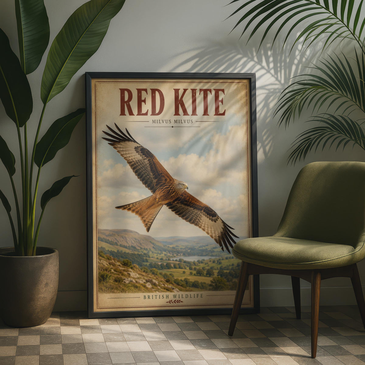 Red Kite Print, Milvus Milvus Bird Art, Vintage British Wildlife Poster