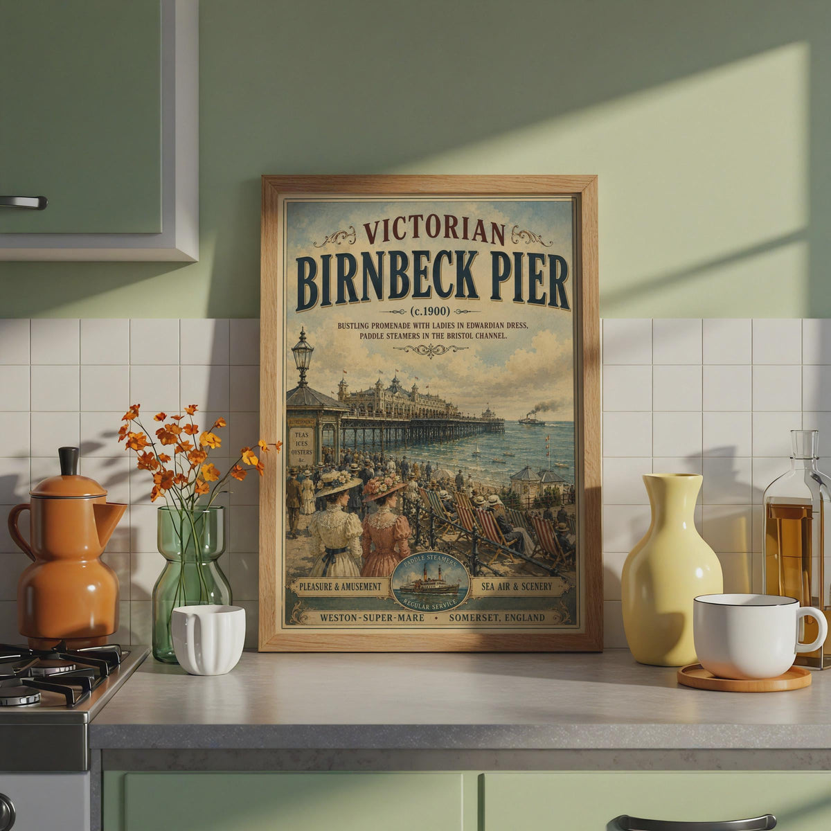 Birnbeck Pier Victorian Poster, Weston-Super-Mare, Somerset Vintage Travel Wall Art