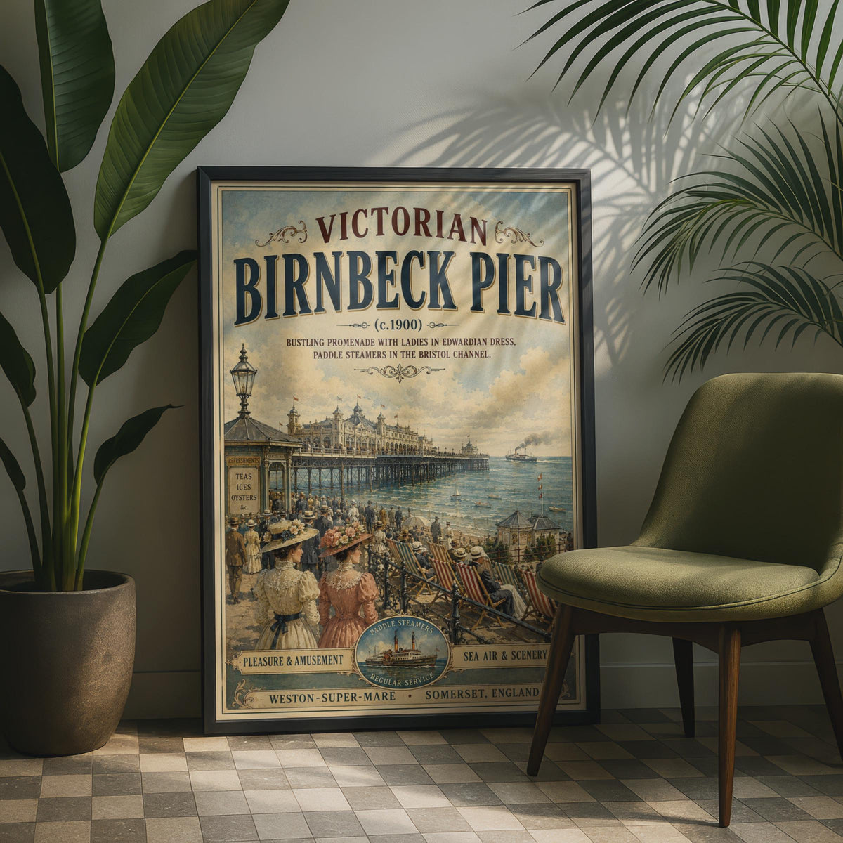 Birnbeck Pier Victorian Poster, Weston-Super-Mare, Somerset Vintage Travel Wall Art