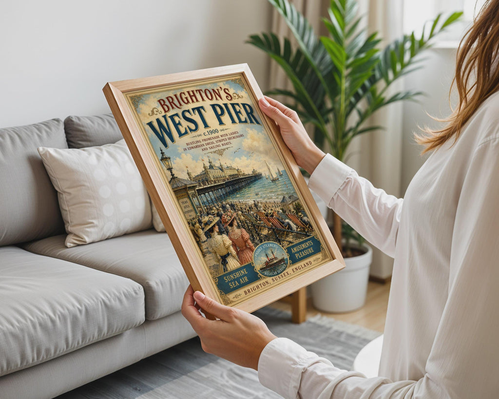 Brighton West Pier Vintage Travel Poster, Edwardian Seaside Wall Art Print Sussex