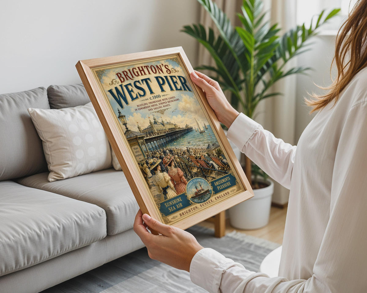 Brighton West Pier Vintage Travel Poster, Edwardian Seaside Wall Art Print Sussex