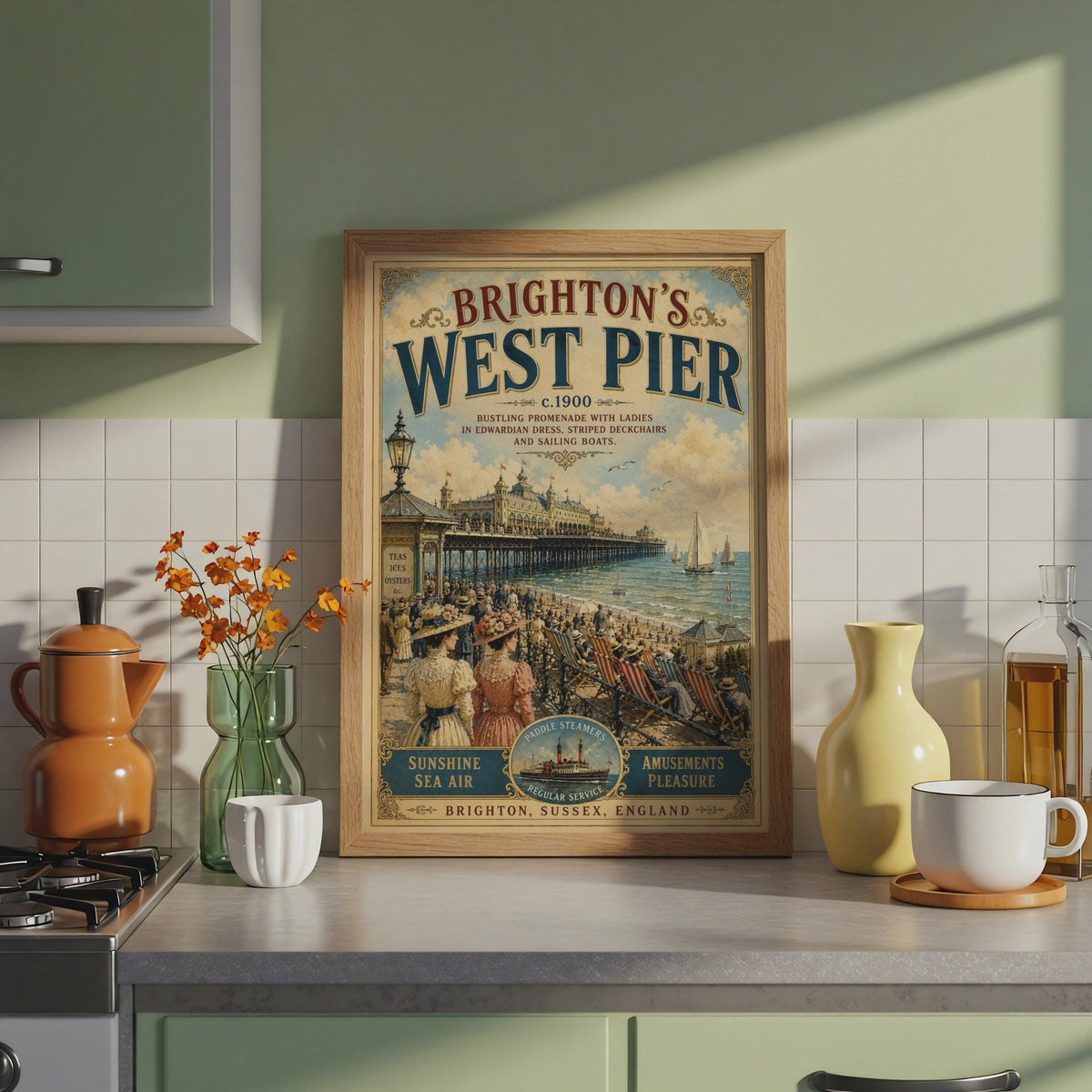 Brighton West Pier Vintage Travel Poster, Edwardian Seaside Wall Art Print Sussex