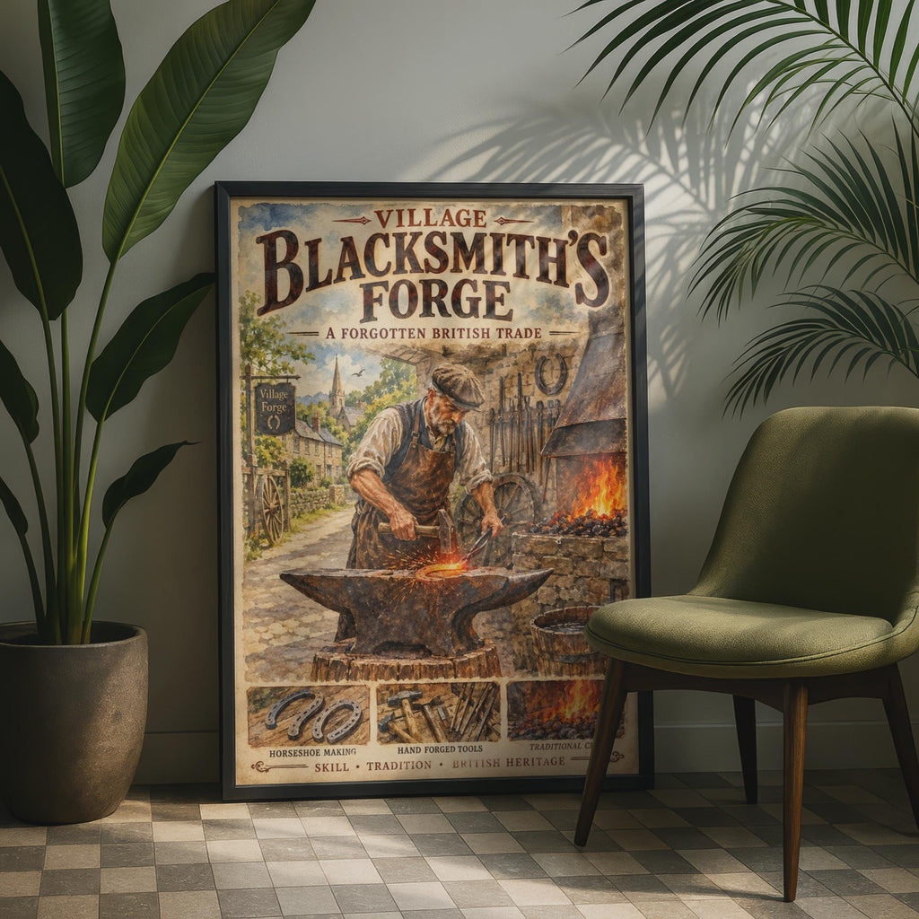 Village Blacksmith Forge Poster, British Heritage Vintage Wall Art Print, Smithy Gift