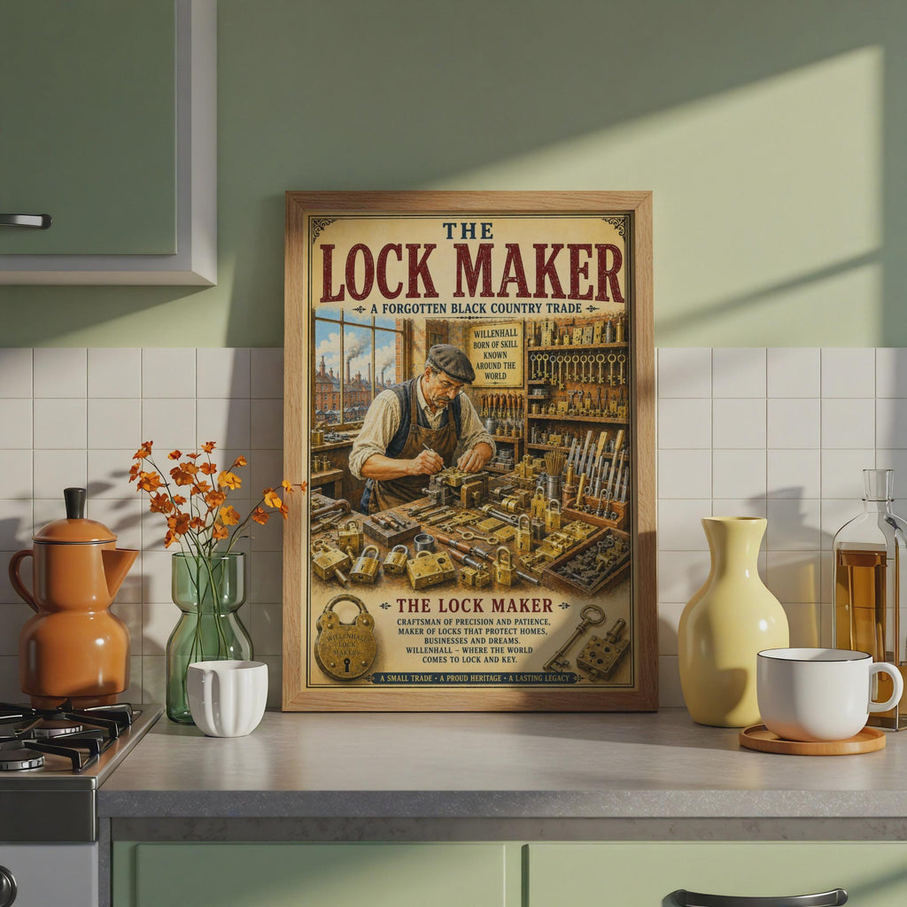 Willenhall Lock Maker Vintage Poster, Black Country Trade Wall Art Print