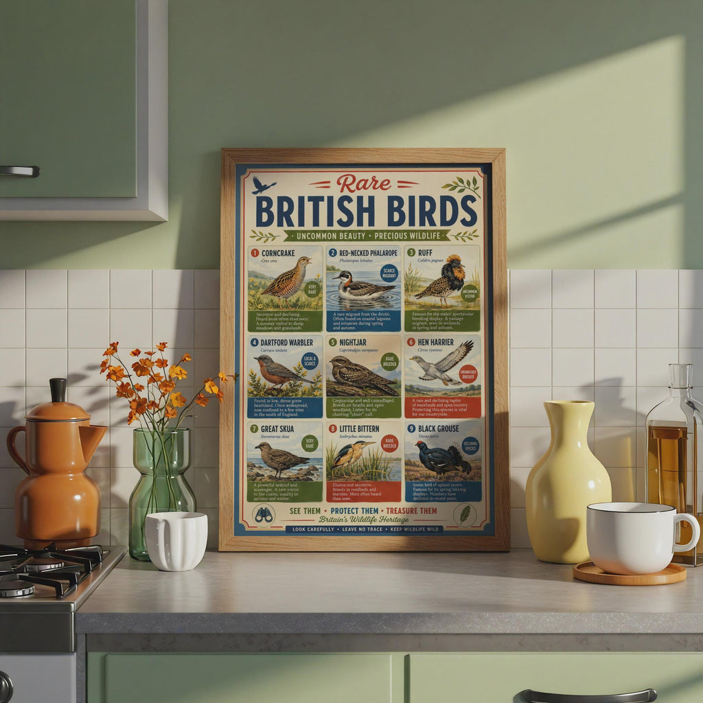 Rare British Birds Poster, UK Wildlife Wall Art, Birdwatching Gift, Nature Print