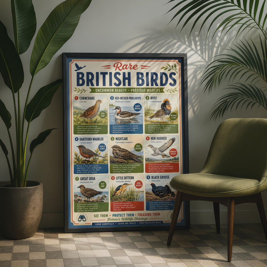Rare British Birds Poster, UK Wildlife Wall Art, Birdwatching Gift, Nature Print