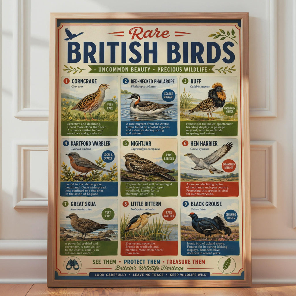 Rare British Birds Poster, UK Wildlife Wall Art, Birdwatching Gift, Nature Print