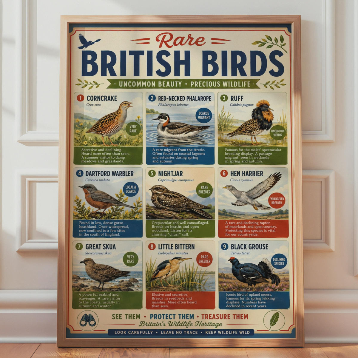 Rare British Birds Poster, UK Wildlife Wall Art, Birdwatching Gift, Nature Print