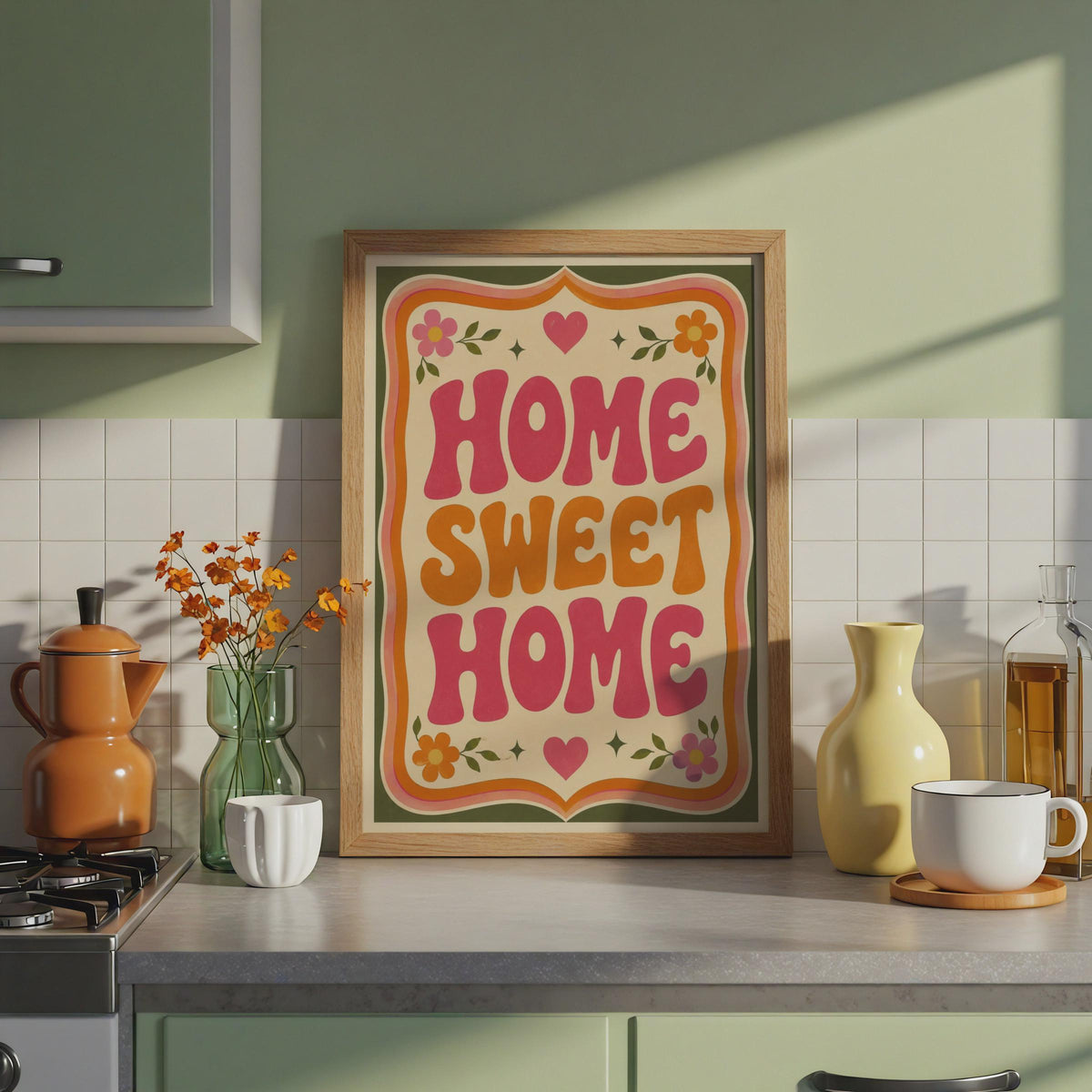 Home Sweet Home Retro Wall Art, 70s Groovy Typography Poster, Pink Orange Floral Print