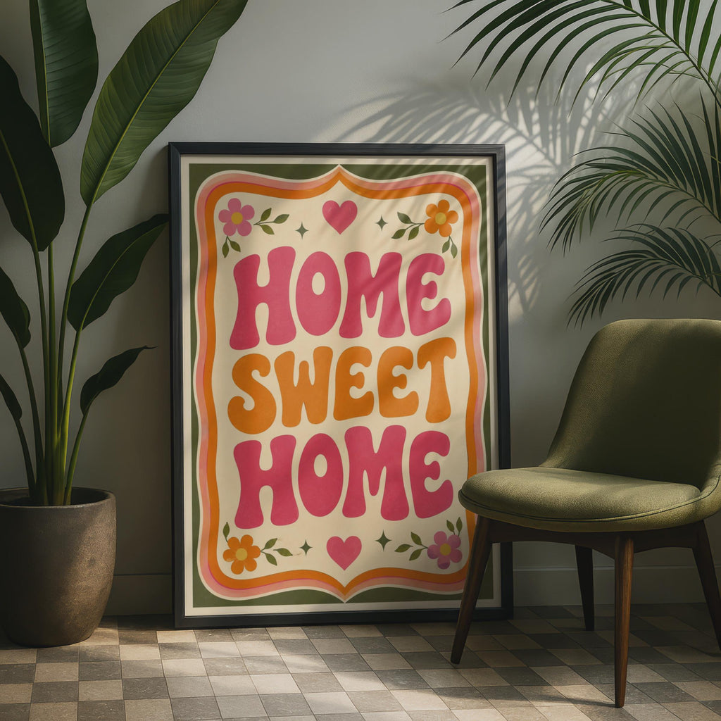 Home Sweet Home Retro Wall Art, 70s Groovy Typography Poster, Pink Orange Floral Print