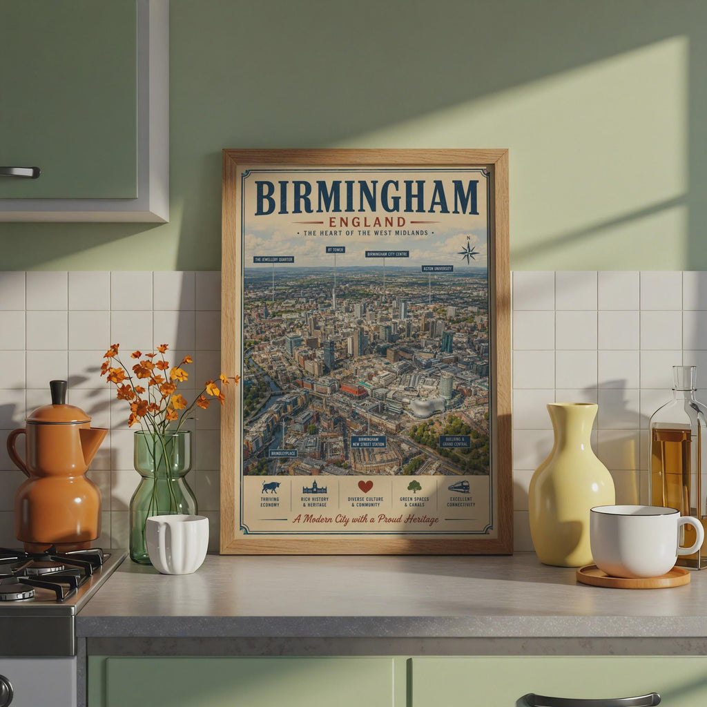 Birmingham England Poster, West Midlands City Map Wall Art, Vintage Aerial Print