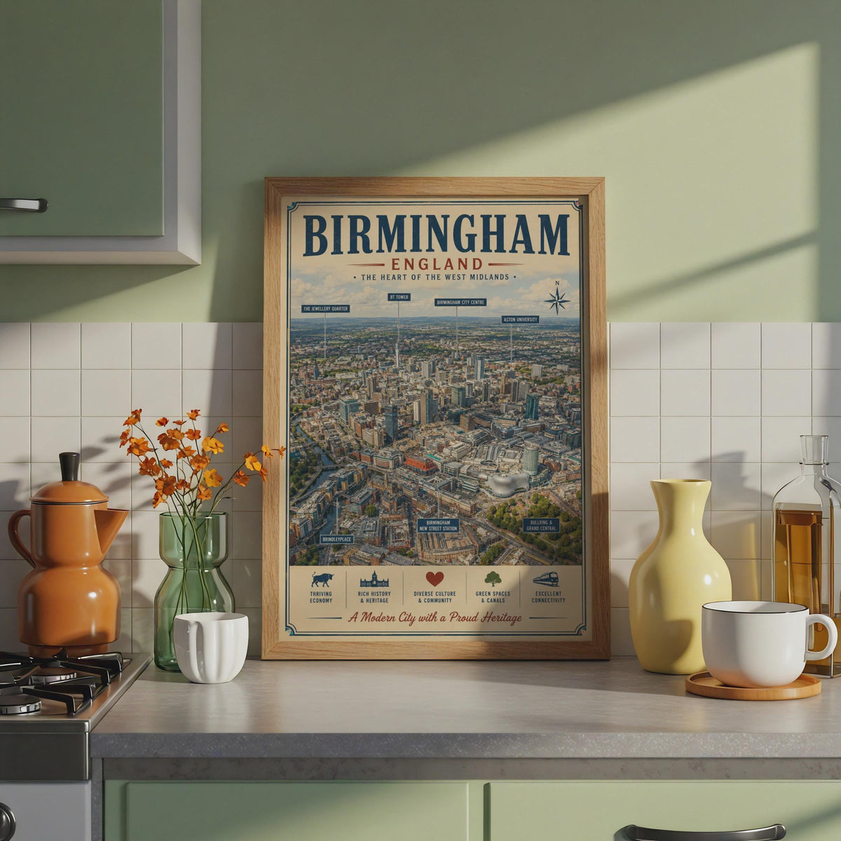 Birmingham England Poster, West Midlands City Map Wall Art, Vintage Aerial Print