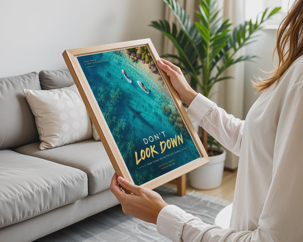 Don't Look Down Shark Poster, Funny Paddle Board Wall Art, Tropical Ocean Print