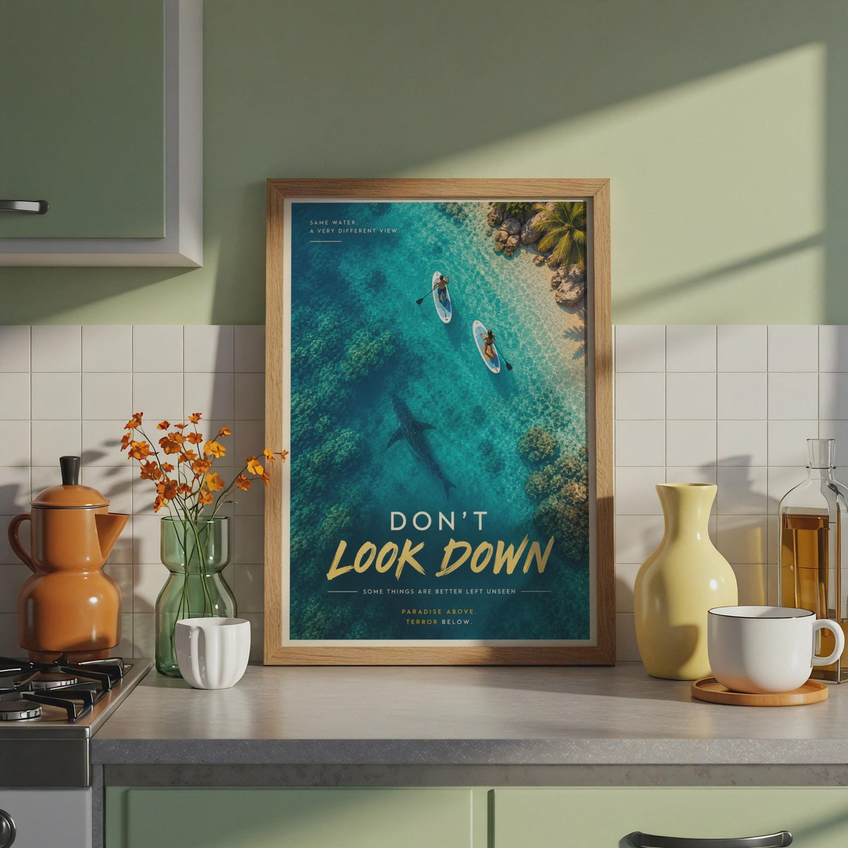 Don't Look Down Shark Poster, Funny Paddle Board Wall Art, Tropical Ocean Print
