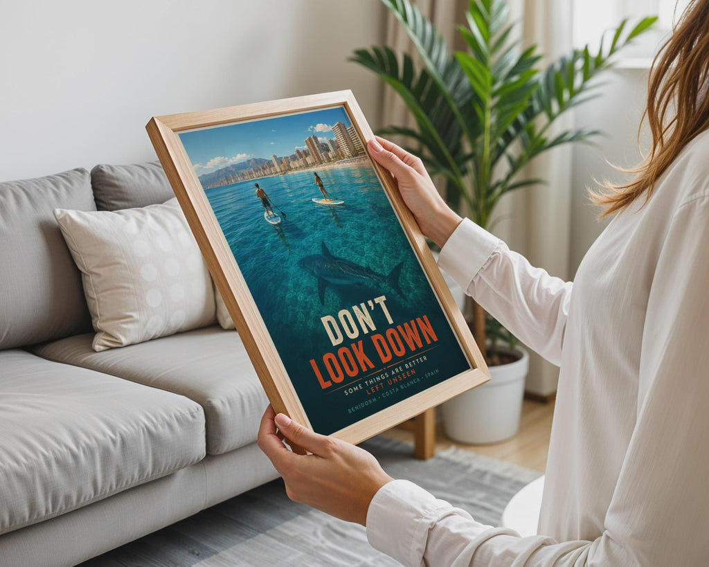 Benidorm Don't Look Down Funny Shark Poster, Costa Blanca Spain Beach Wall Art
