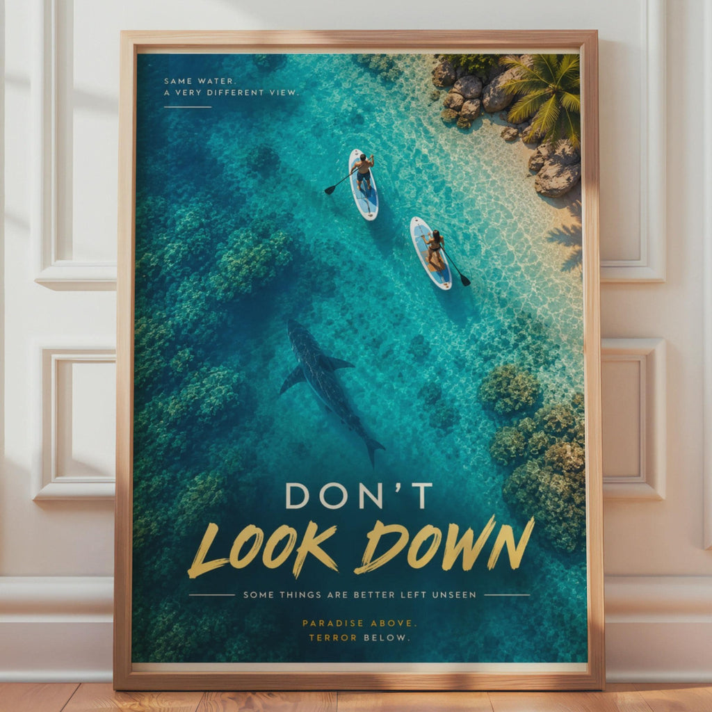Don't Look Down Shark Poster, Funny Paddle Board Wall Art, Tropical Ocean Print