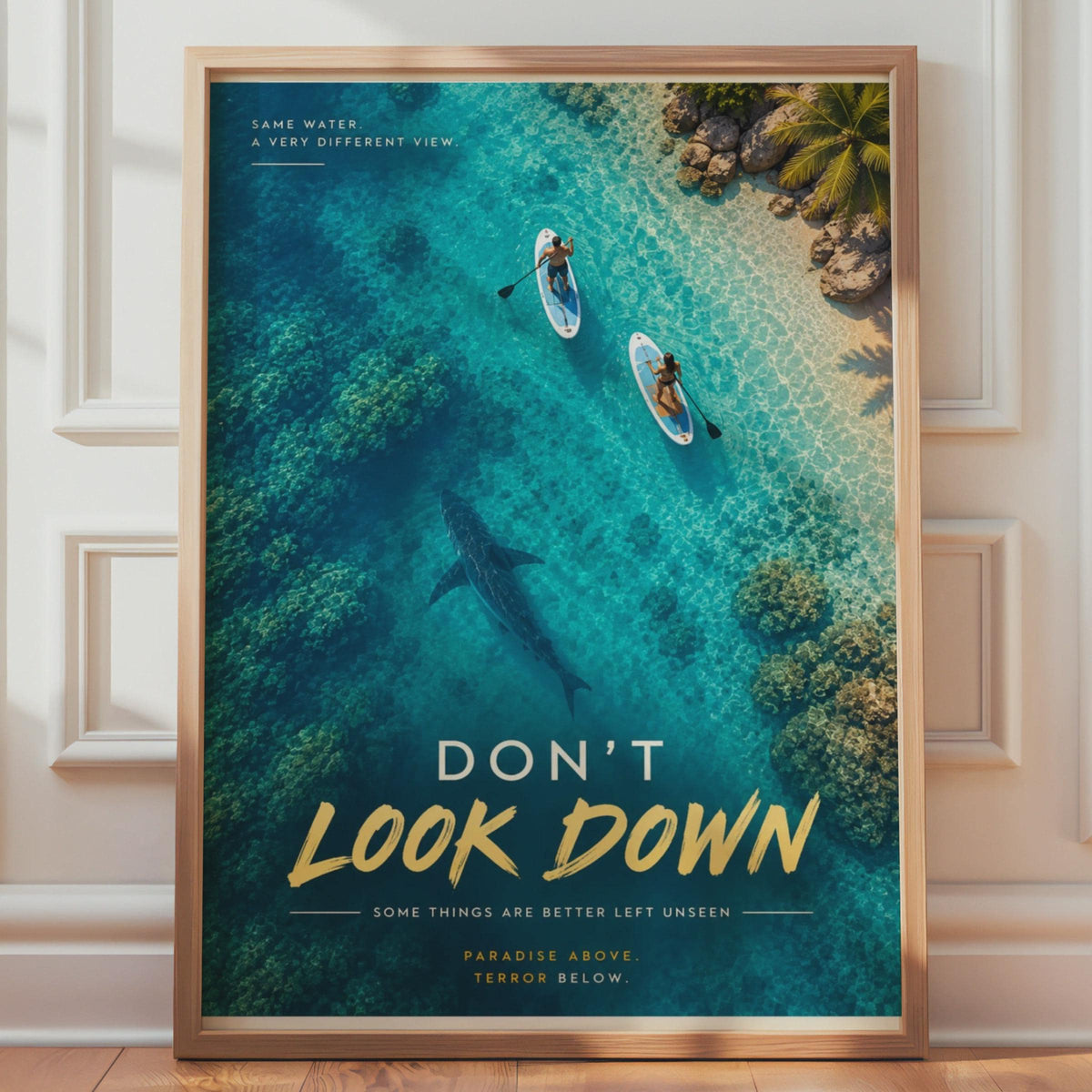 Don't Look Down Shark Poster, Funny Paddle Board Wall Art, Tropical Ocean Print