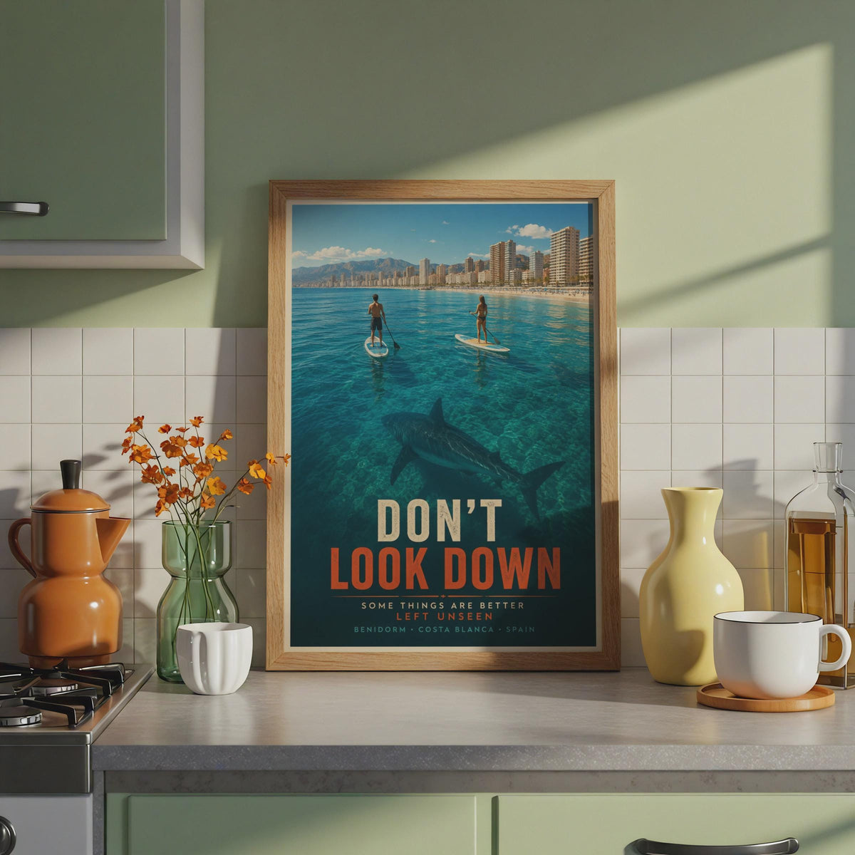 Benidorm Don't Look Down Funny Shark Poster, Costa Blanca Spain Beach Wall Art
