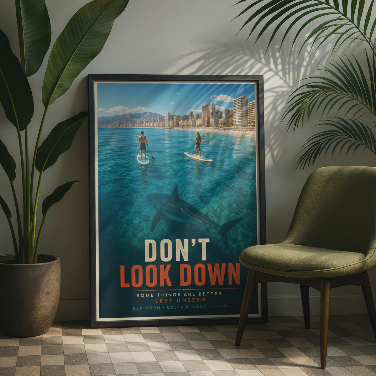 Benidorm Don't Look Down Funny Shark Poster, Costa Blanca Spain Beach Wall Art